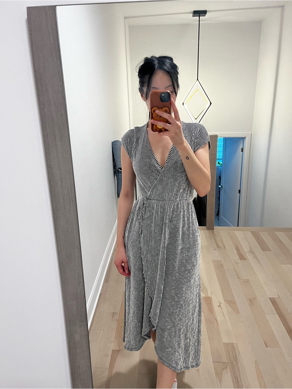 Striped Wrap Midi Dress in Heather Gray